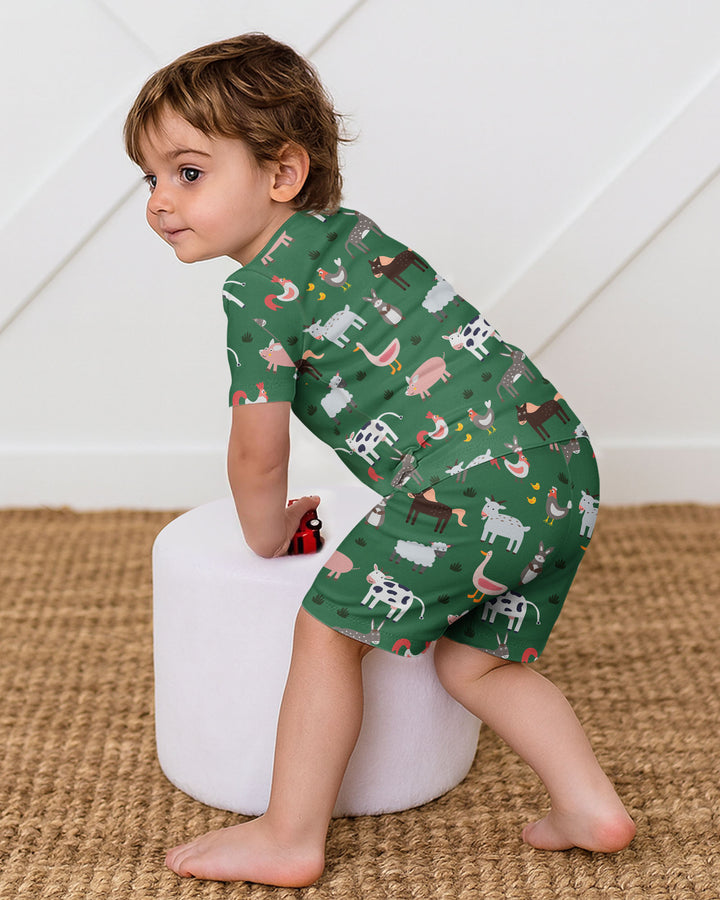 Green Farm Animals Bamboo Two Piece Short Sleeve Shorts Pyjamas Set