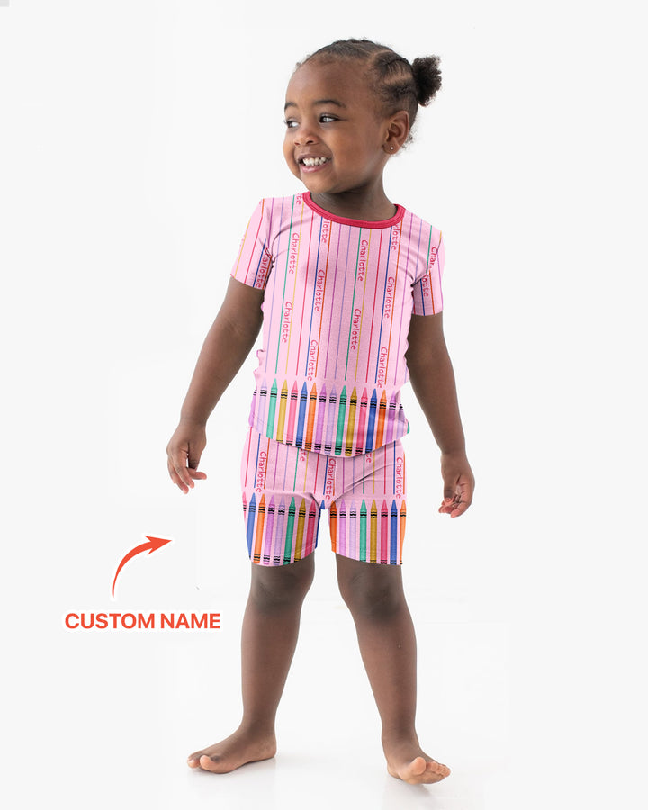 Custom Name Crayon Lines Bamboo Two Piece Short Sleeve Shorts Pajama Set