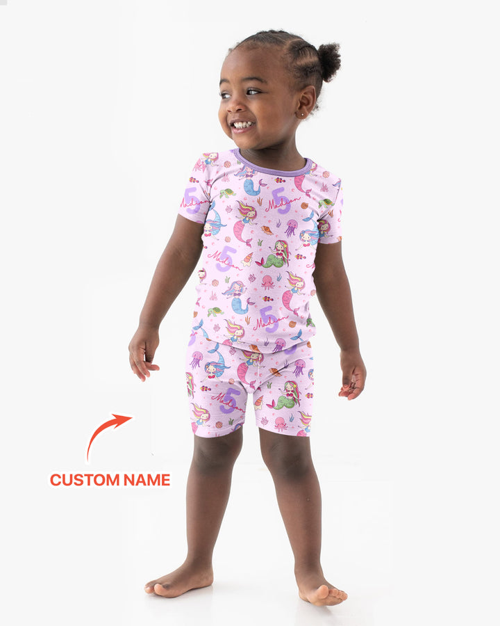 Custom Name Birthday Mermaid Bamboo Two Piece Short Sleeve Shorts Pajama Set