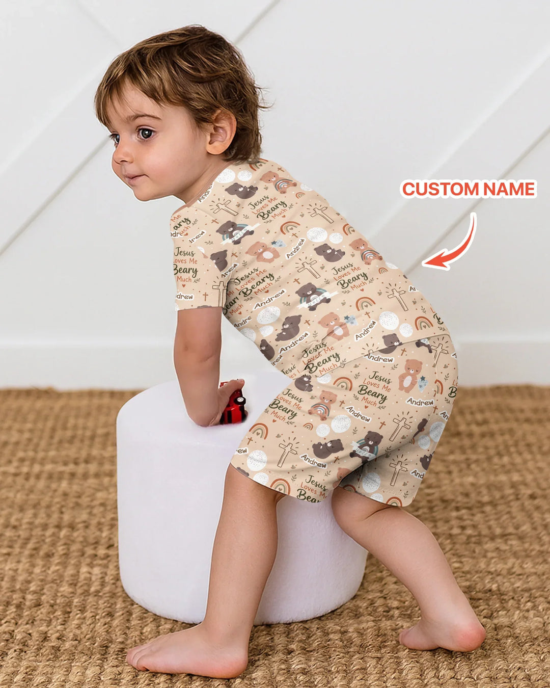 Custom Name Jesus Loves Me Beary Much Bamboo Two Piece Short Sleeve Shorts Pajama Set
