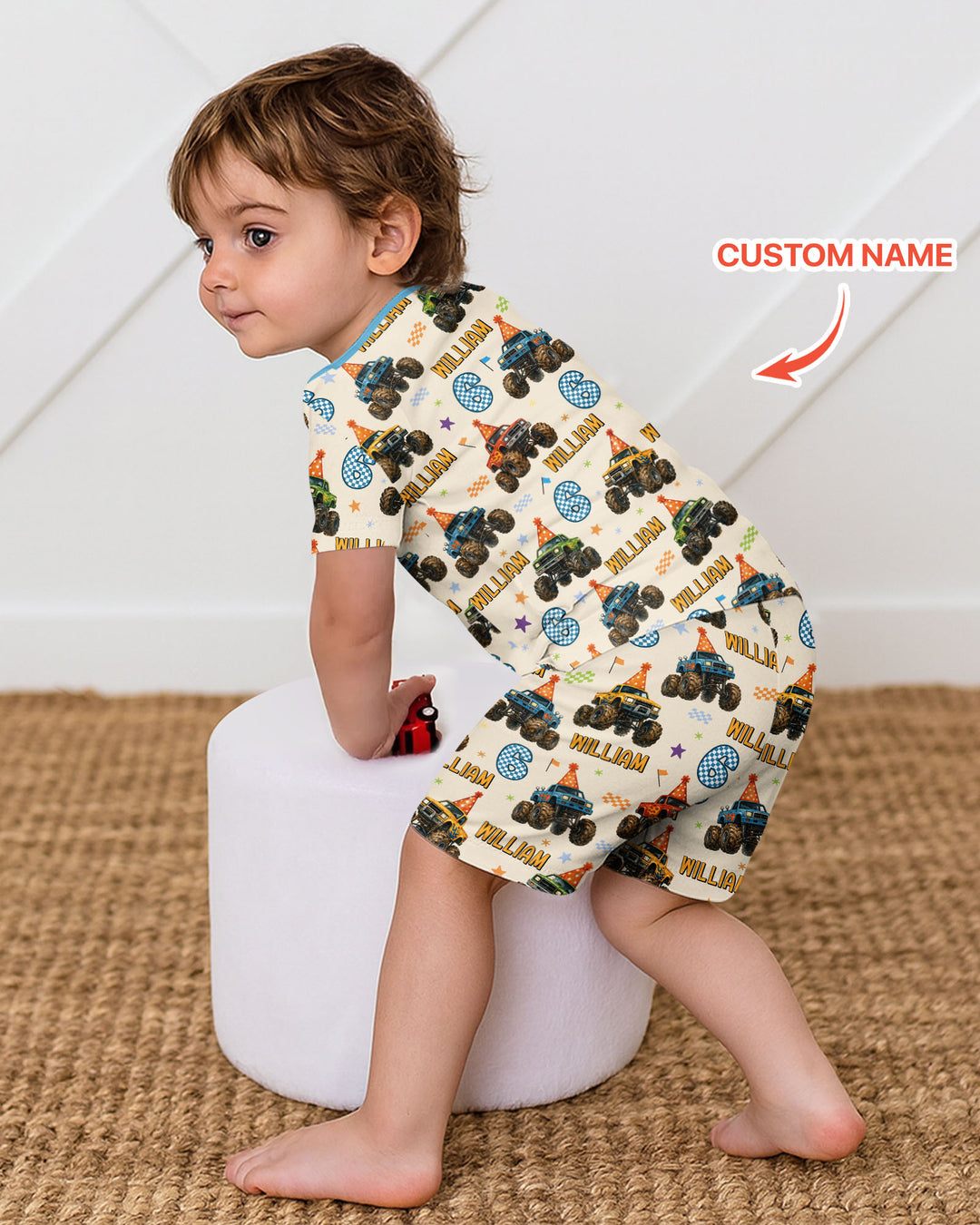 Custom Name Birthday Boy Monster Truck Bamboo Two Piece Short Sleeve Shorts Pajama Set