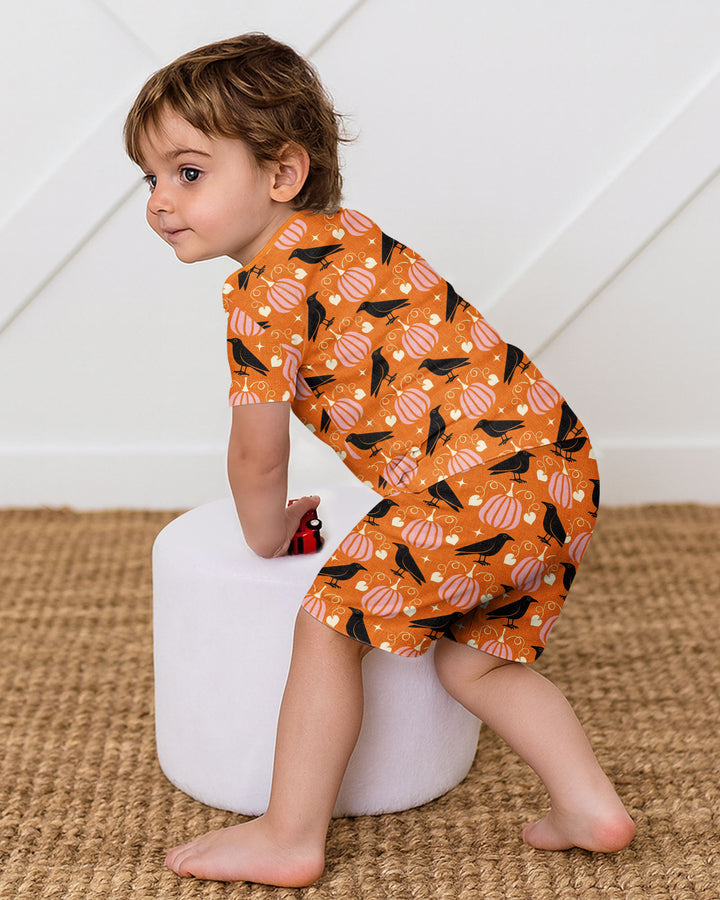 Ravens in a Pumpkin Patch - Orange Pink Bamboo Two Piece Short Sleeve Shorts Pajama Set