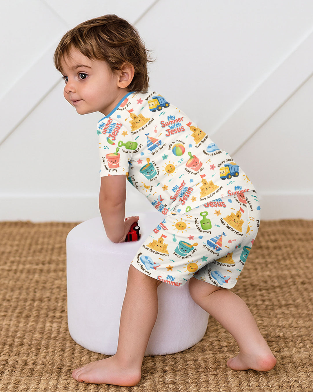 Colorful Summer Beach With Jesus Bamboo Two Piece Short Sleeve Shorts Pajama Set