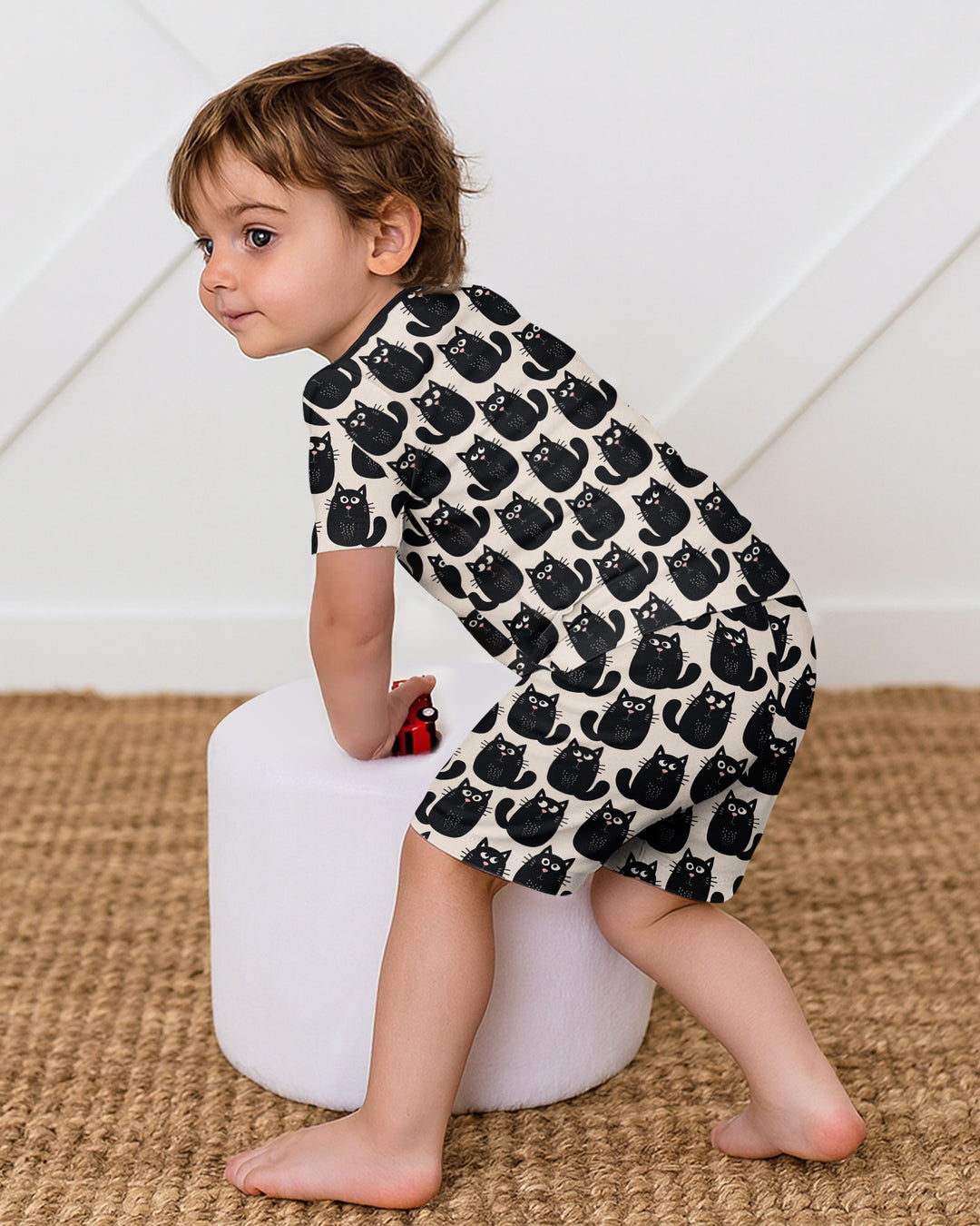 Moody Black Cats in Black and White Bamboo Two Piece Short Sleeve Shorts Pajama Set