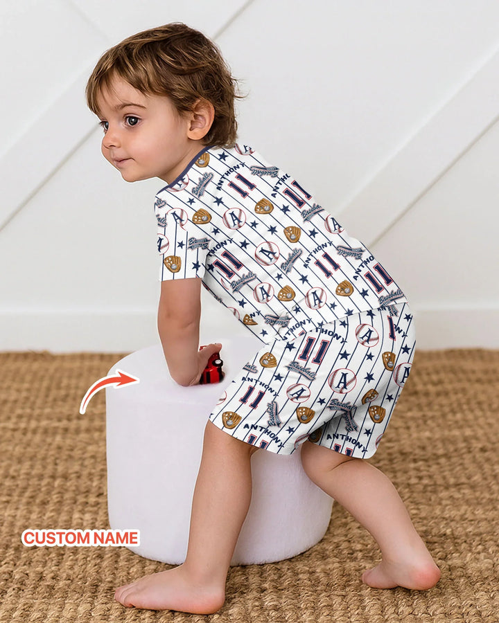 Custom Name Baseball Time Bamboo Two Piece Short Sleeve Shorts Pajama Set