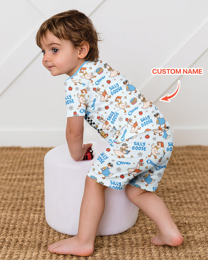 Custom Name Silly Goose Back to School Bamboo Two Piece Short Sleeve Shorts Pajama Set