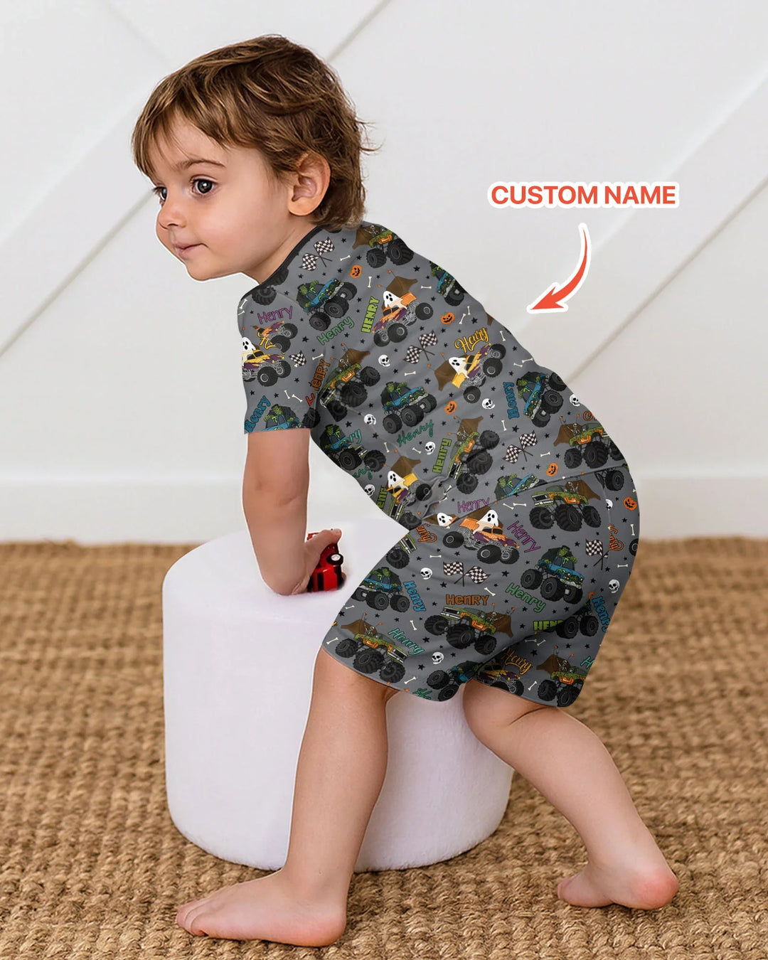 Custom Name Halloween Creepy Crusher Family Matching Bamboo Two Piece Short Sleeve Shorts Pajama Set