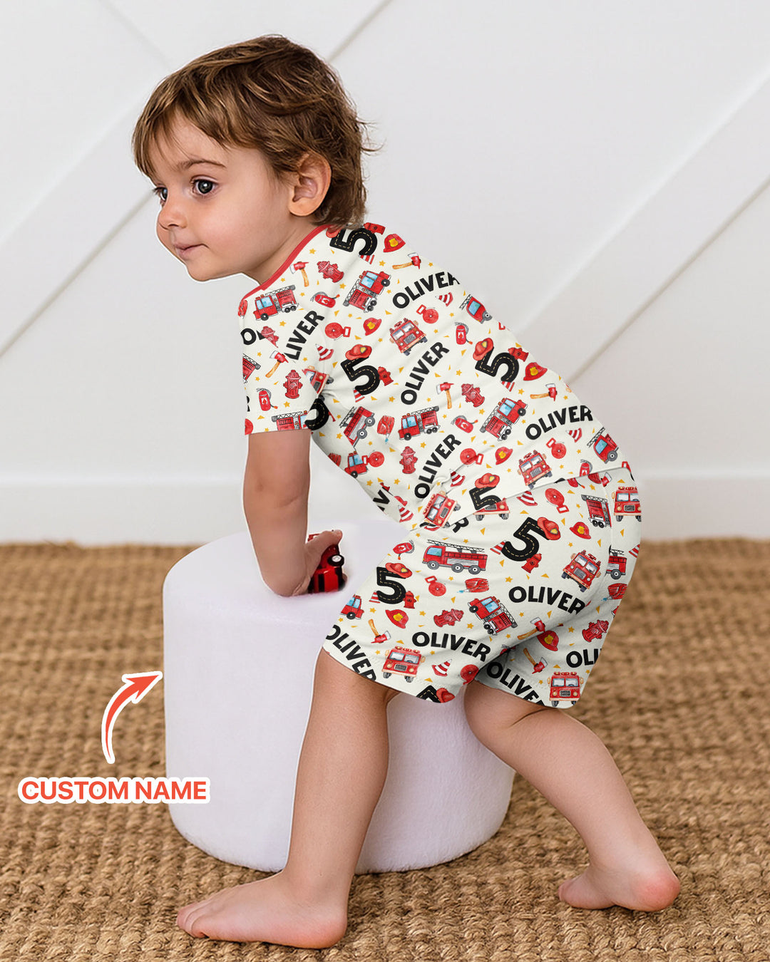Custom Name Fire Truck Birthday Boy Bamboo Two Piece Short Sleeve Shorts Pajama Set