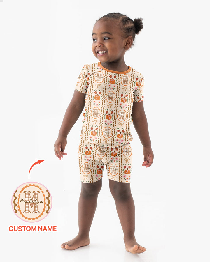 Custom Name Pumpkin Cottage Bamboo Two Piece Short Sleeve Shorts Pajama Set