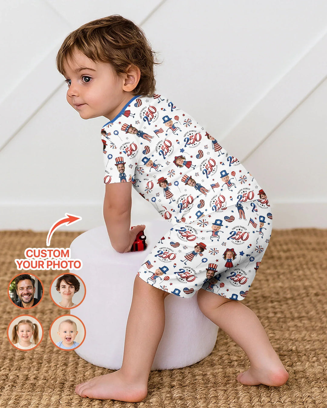 Custom Photo Smith Family Celebration Bamboo Two Piece Short Sleeve Shorts Pajama Set