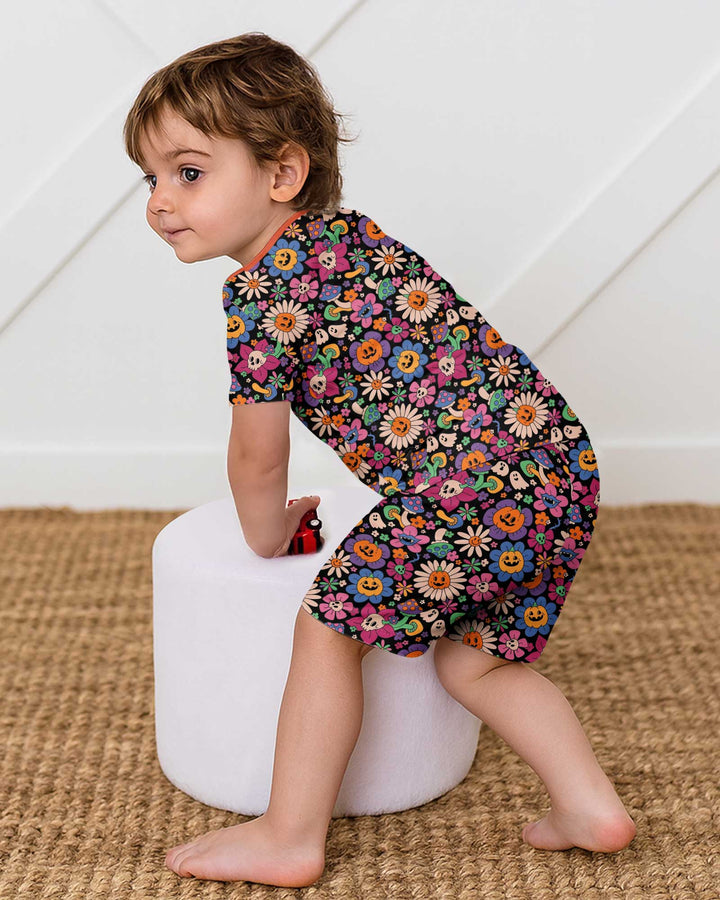Halloween Flowers Bamboo Two Piece Short Sleeve Shorts Pajama Set