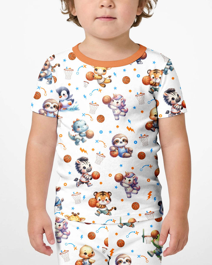 Cartoon Basketball Animals Bamboo Two Piece Short Sleeve Shorts Pajama Set