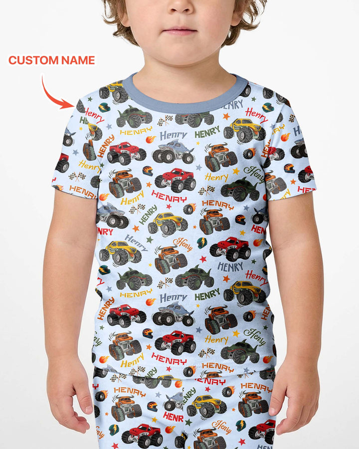 Personalized Monster Truck Bamboo Two Piece Short Sleeve Shorts Pajama Set