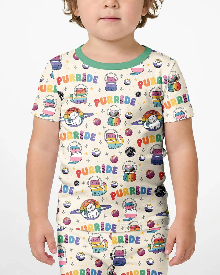 Rainbow Space Cats Family Matching Bamboo Two Piece Short Sleeve Shorts Pajama Set