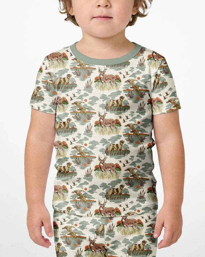 Vintage Hunting Season Daddy& Me Matching Bamboo Two Piece Short Sleeve Shorts Pajama Set