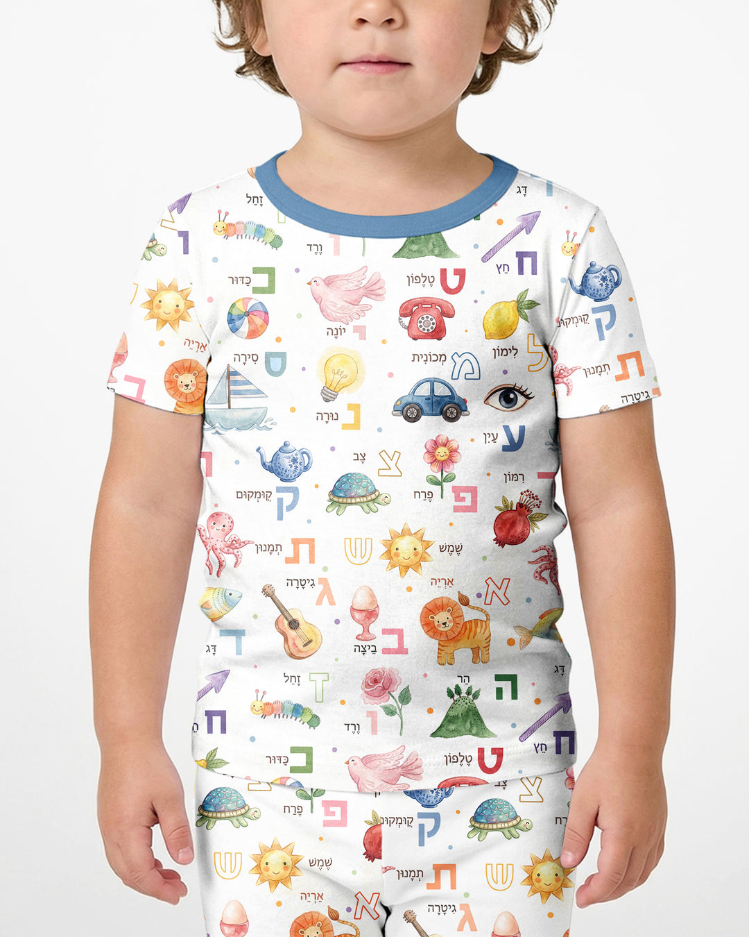 Hebrew Aleph Bet Bamboo Two Piece Short Sleeve Shorts Pajama Set