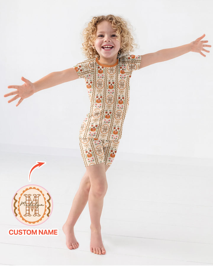 Custom Name Pumpkin Cottage Bamboo Two Piece Short Sleeve Shorts Pajama Set