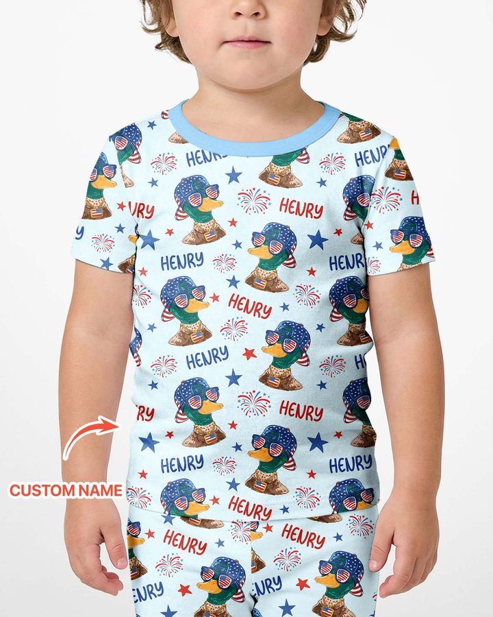 Custom Name Patriotic Mallard Duck Bamboo Two Piece Short Sleeve Shorts Pajama Set