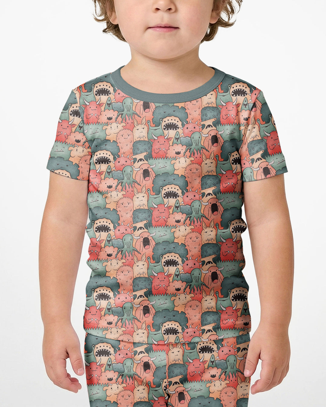 Cute Monster Crowd Bamboo Two Piece Short Sleeve Shorts Pajama Set