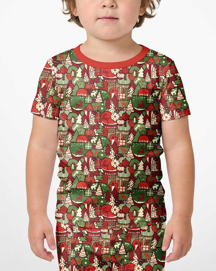 Christmas Time Mosaic Bamboo Two Piece Short Sleeve Shorts Pajama Set