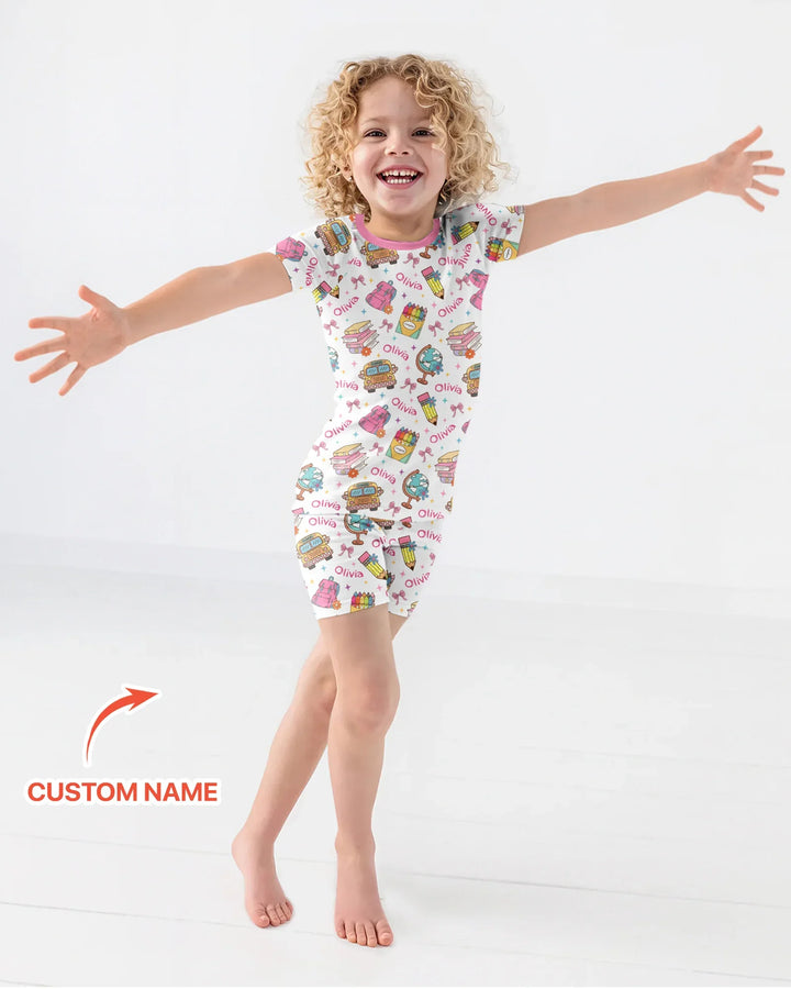 Custom Name Back To School Bamboo Two Piece Short Sleeve Shorts Pajama Set