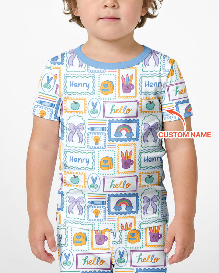 Custom Name Hello School Bamboo Two Piece Short Sleeve Shorts Pajama Set