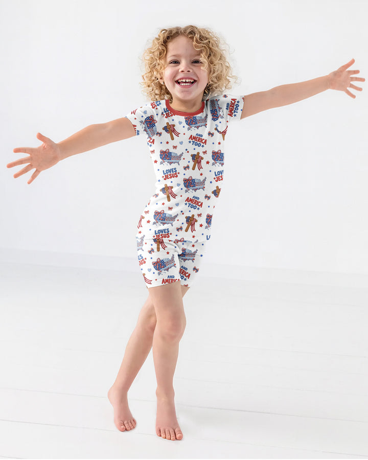 Loves Jesus And America Too Bamboo Two Piece Short Sleeve Shorts Pajama Set