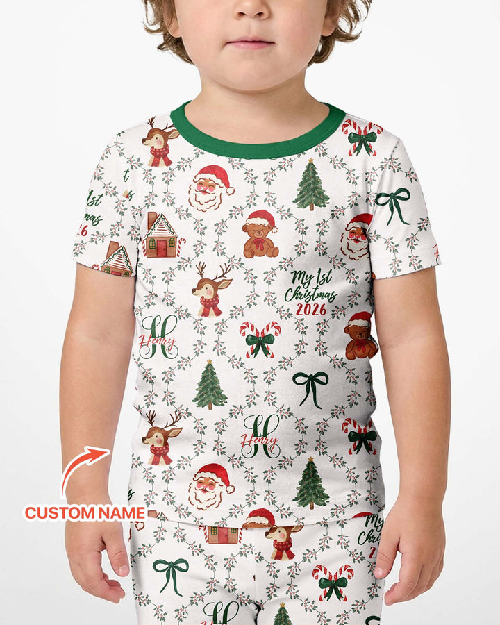 Custom name "Fancy Monogram Green Christmas 2026" Bamboo Two Piece Short Sleeve Shorts Pajama Set