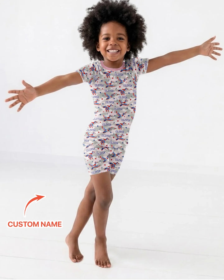 Custom Name America Mallard Duck Family Matching Bamboo Two Piece Short Sleeve Shorts Pajama Set
