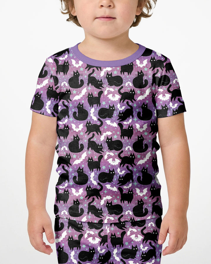 Spooky Black Cat Halloween Purple Bats Bamboo Two Piece Short Sleeve Shorts Pajama Set