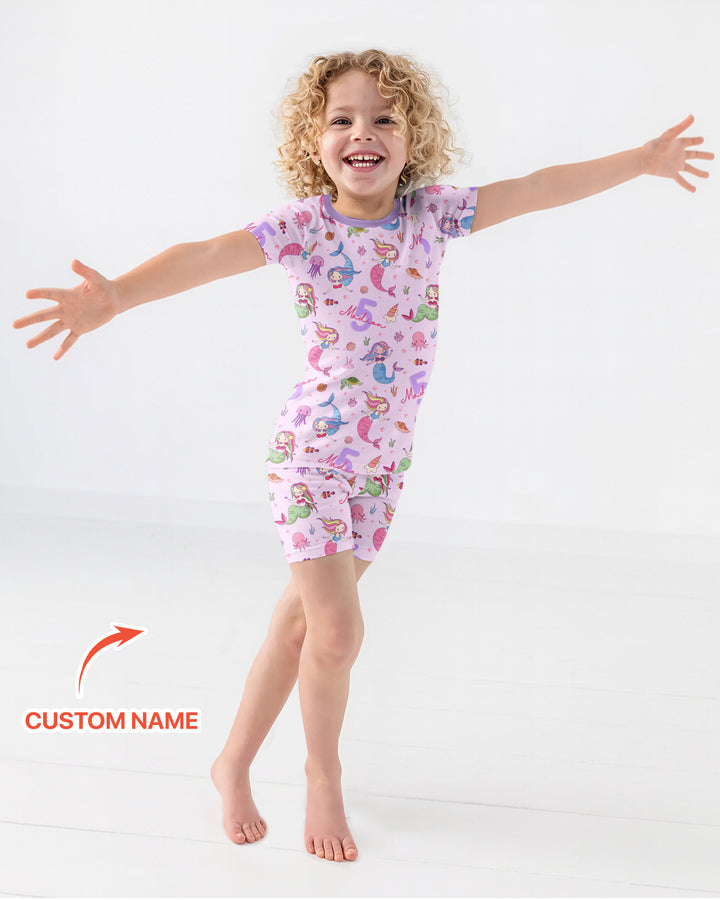 Custom Name Birthday Mermaid Bamboo Two Piece Short Sleeve Shorts Pajama Set