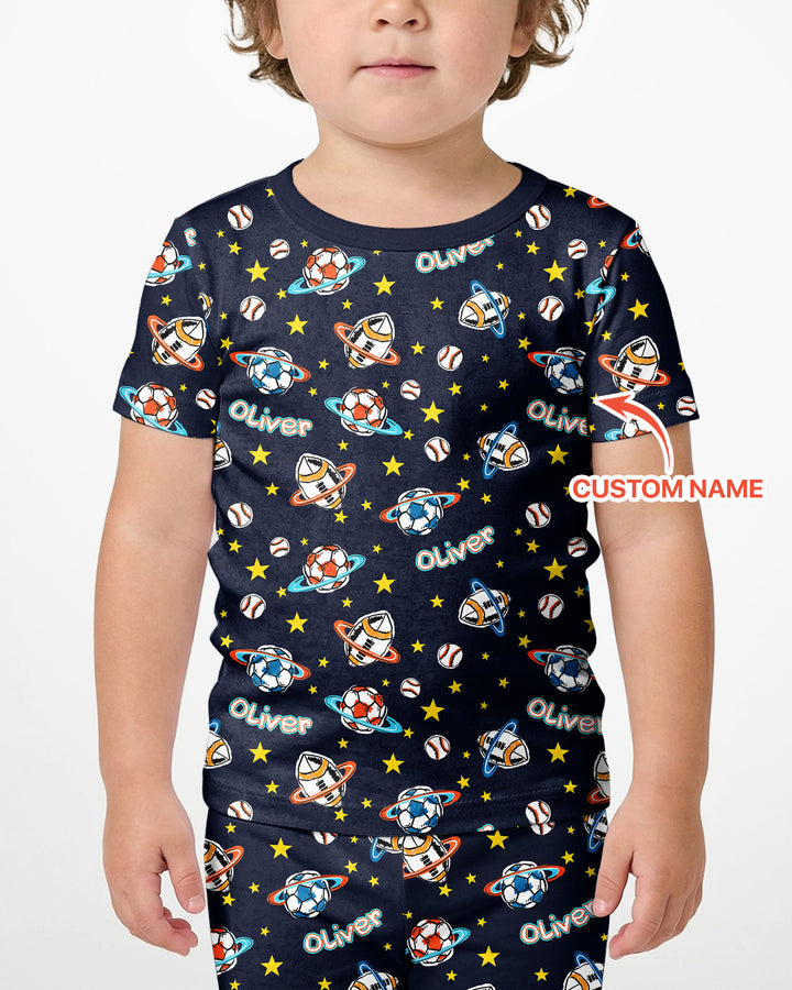 Custom Name Space Sport Bamboo Two Piece Short Sleeve Shorts Pajama Set
