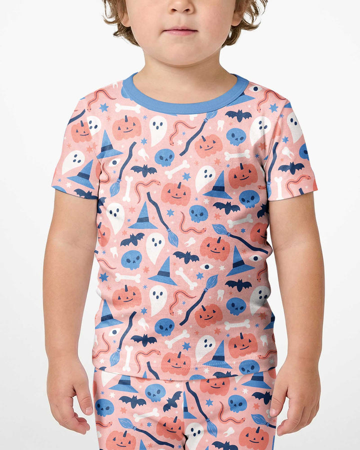 Pastel Pumpkins Skulls And Witch Craft Bamboo Two Piece Short Sleeve Shorts Pajama Set