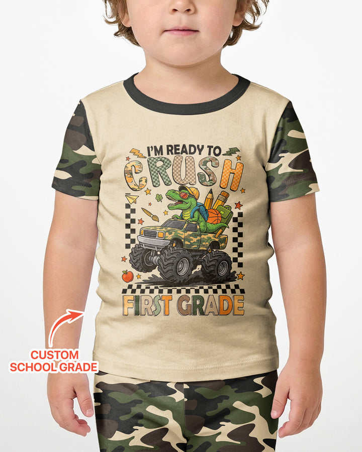 Back To School Monster Truck Dino Bamboo Two Piece Short Sleeve Shorts Pajama Set