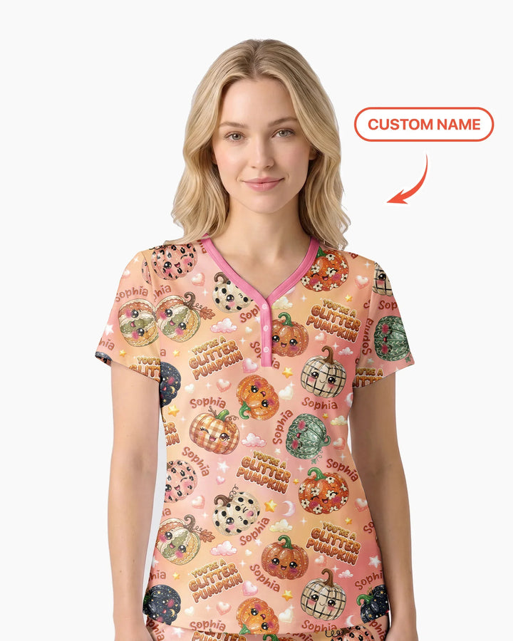 Custom Name You're A Glitter Pumpkin Bamboo Women Short Sleeve Short Pajama Set