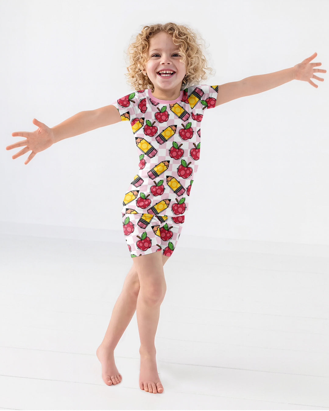 Checkered Apple Scribbles Bamboo Two Piece Short Sleeve Shorts Pajama Set