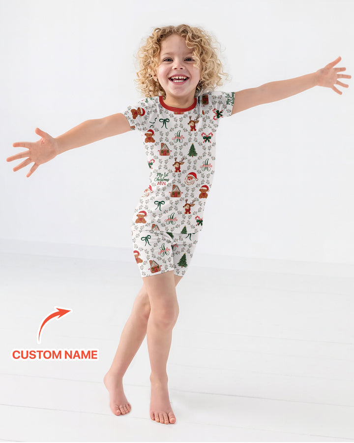 Custom name "Fancy Monogram Red Christmas 2026" Bamboo Two Piece Short Sleeve Shorts Pajama Set