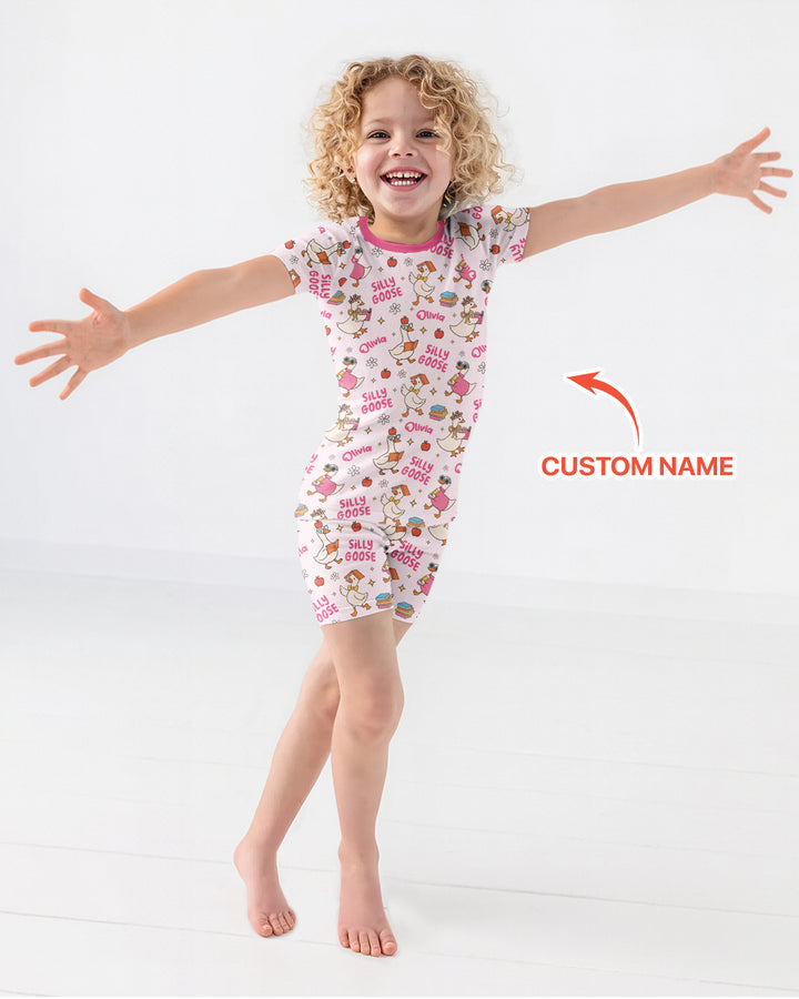 Custom Name Silly Goose Back to School Bamboo Two Piece Short Sleeve Shorts Pajama Set