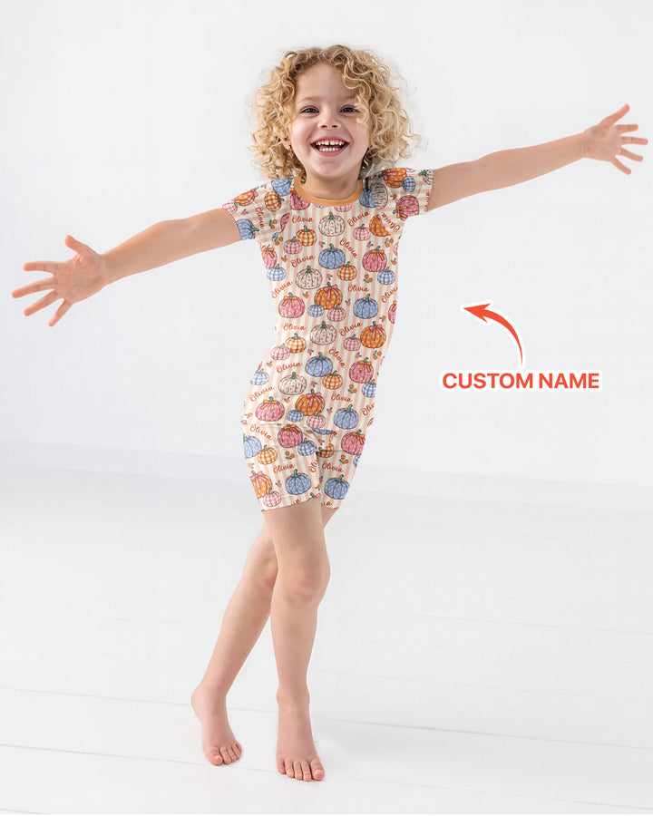 Custom Name Pumpkin Patch Bamboo Two Piece Short Sleeve Shorts Pajama Set