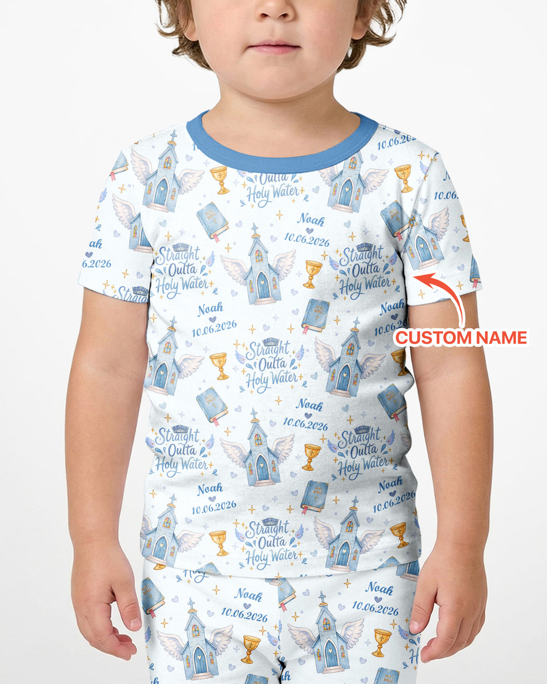 Custom Name Baptism Christening Straight Outta Holy Water Bamboo Two Piece Short Sleeve Shorts Pajama Set