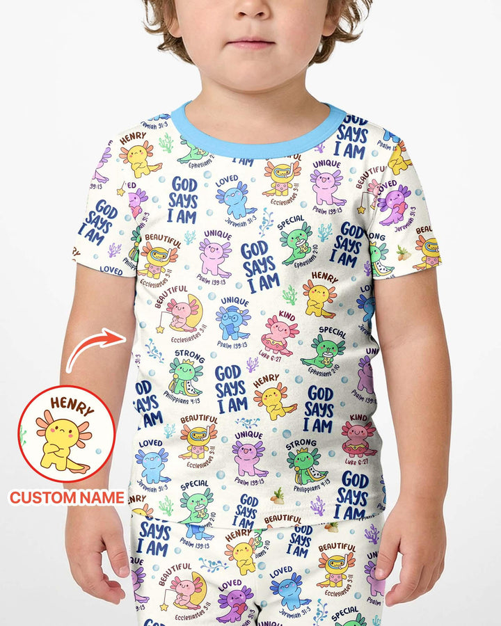 Axolotl God Says I Am Custom Name Bamboo Two Piece Short Sleeve Shorts Pajama Set