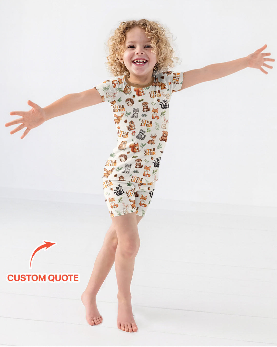 Custom Quote Woodland Animal Matching Sibling Bamboo Two Piece Short Sleeve Shorts Pajama Set