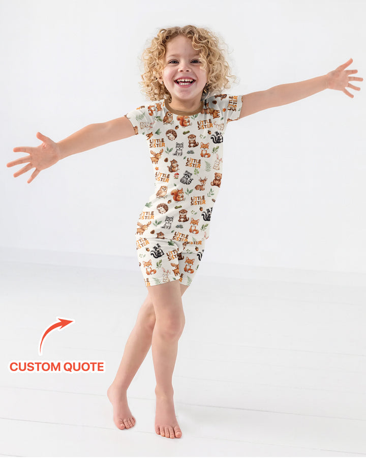 Custom Quote Woodland Animal Matching Sibling Bamboo Two Piece Short Sleeve Shorts Pajama Set