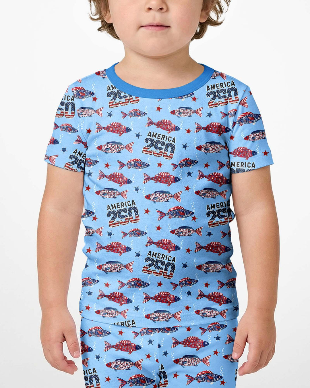 Stars and Stripes Fish Bamboo Two Piece Short Sleeve Shorts Pajama Set