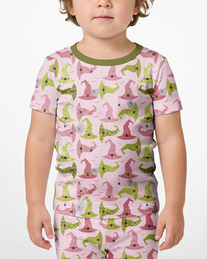 Pink Witch Hat Halloween Bamboo Two Piece Short Sleeve Shorts Pajama Set