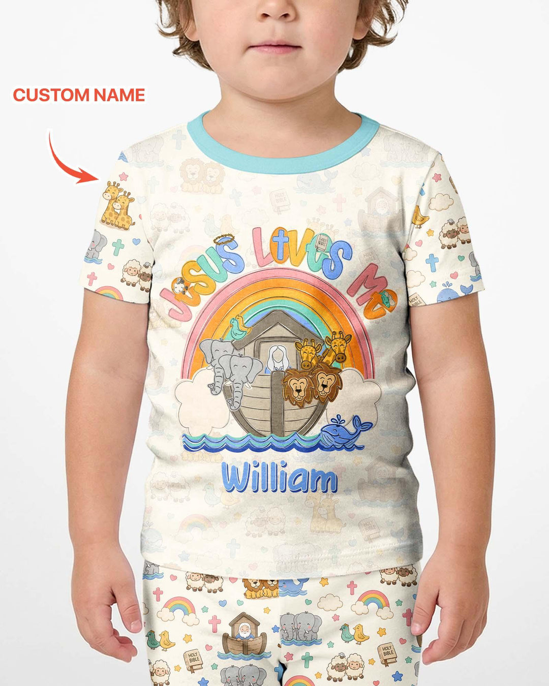 Custom Name Noah's Ark Jesus Loves Me Bamboo Two Piece Short Sleeve Shorts Pajama Set