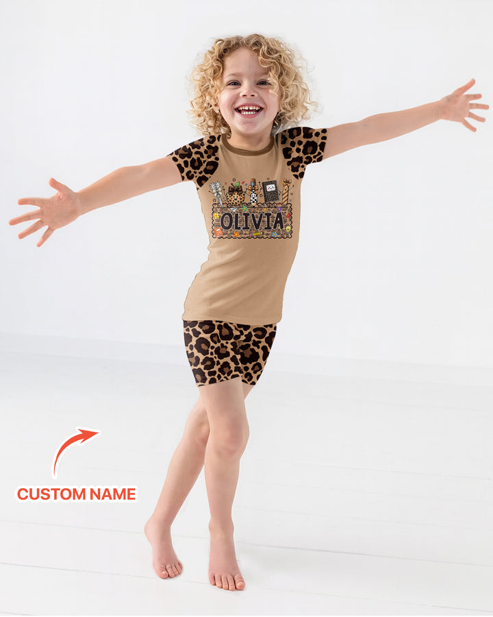 Custom Name School Sweetheart Leopard Bamboo Two Piece Short Sleeve Shorts Pajama Set