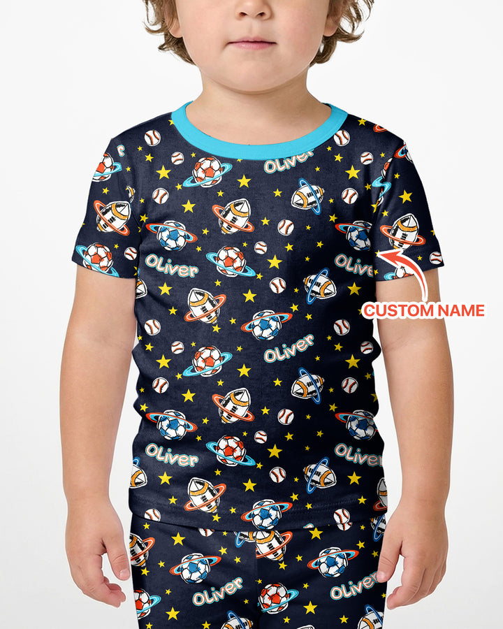 Custom Name Space Sport Bamboo Two Piece Short Sleeve Shorts Pajama Set