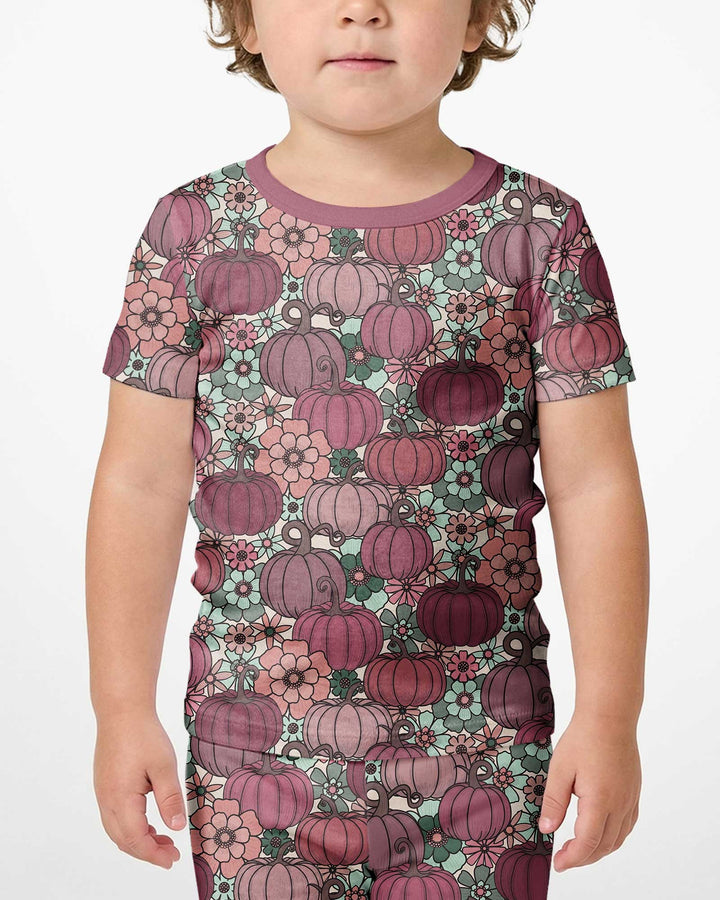 Retro Floral Pumpkin Patch Bamboo Two Piece Short Sleeve Shorts Pajama Set