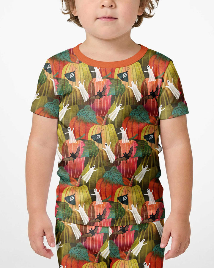 Big Pumpkin Field With Ghosts Bamboo Two Piece Short Sleeve Shorts Pajama Set
